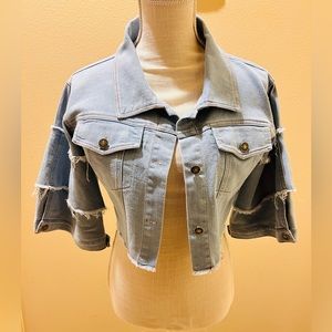 Crop Denim Jacket. Size SMALL. Ruffled elbow length Sleeves. Size SMALL. NWOT